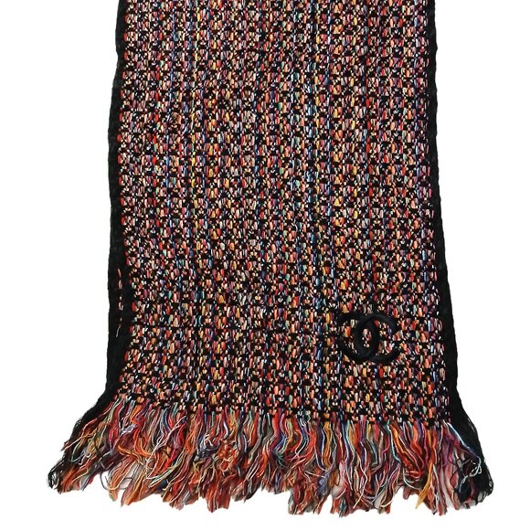 CHANEL Luxury Vintage Black & Red Multi-Color Woven Fringed Shawl Wrap Scarf - Picture 4 of 15